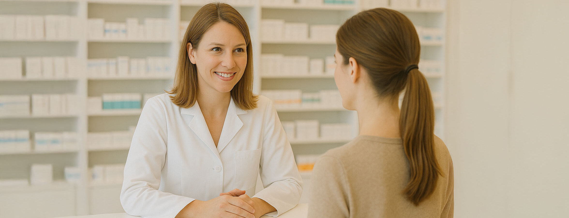 Lächelnde Dame hilft einem Kunden – die hochprofessionellen Apotheker in der G24 Apotheke stehen für besten Service