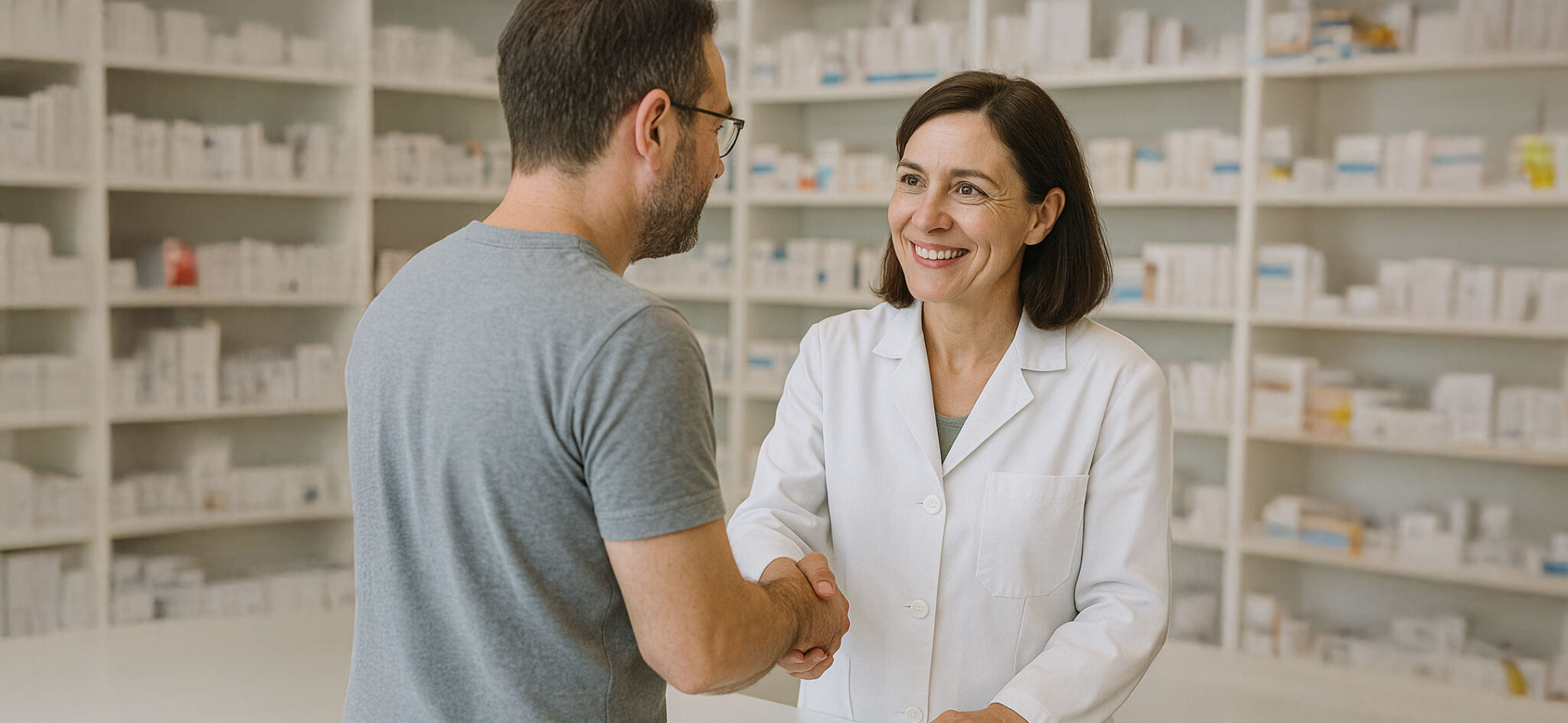 Freundliche Apothekerin bei G24 Apotheke begrüßt einen Kunden mit einem Händedruck – bereit, mit kompetenter Gesundheitsberatung und Medikamentenhilfe zu unterstützen