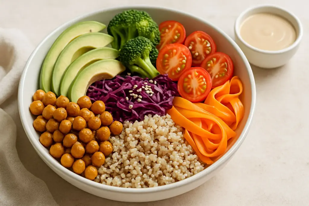 Healthy meal after blood test – Balanced plate with vegetables and proteins for personalized nutritional needs