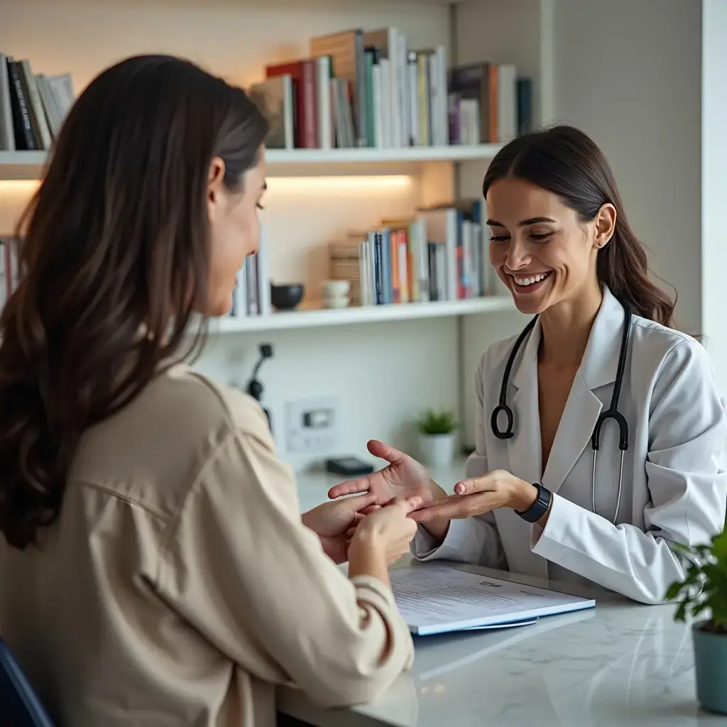 Smiling female doctor consulting patient and explaining blood values – preventive health care with G24