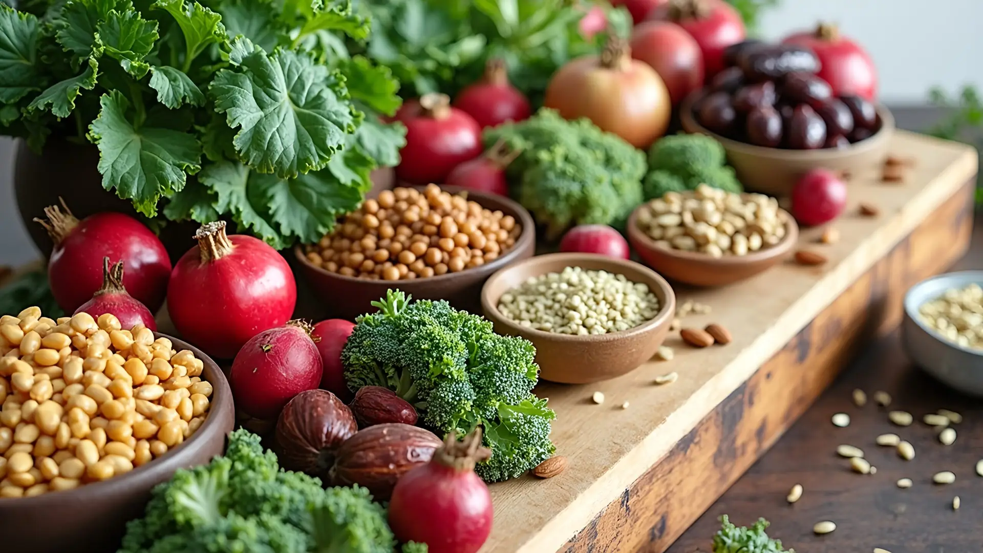 Verschiedene eisenreiche Lebensmittel wie Granatäpfel, Blattgemüse, Hülsenfrüchte, Brokkoli, Samen und Beeren gegen Eisenmangel