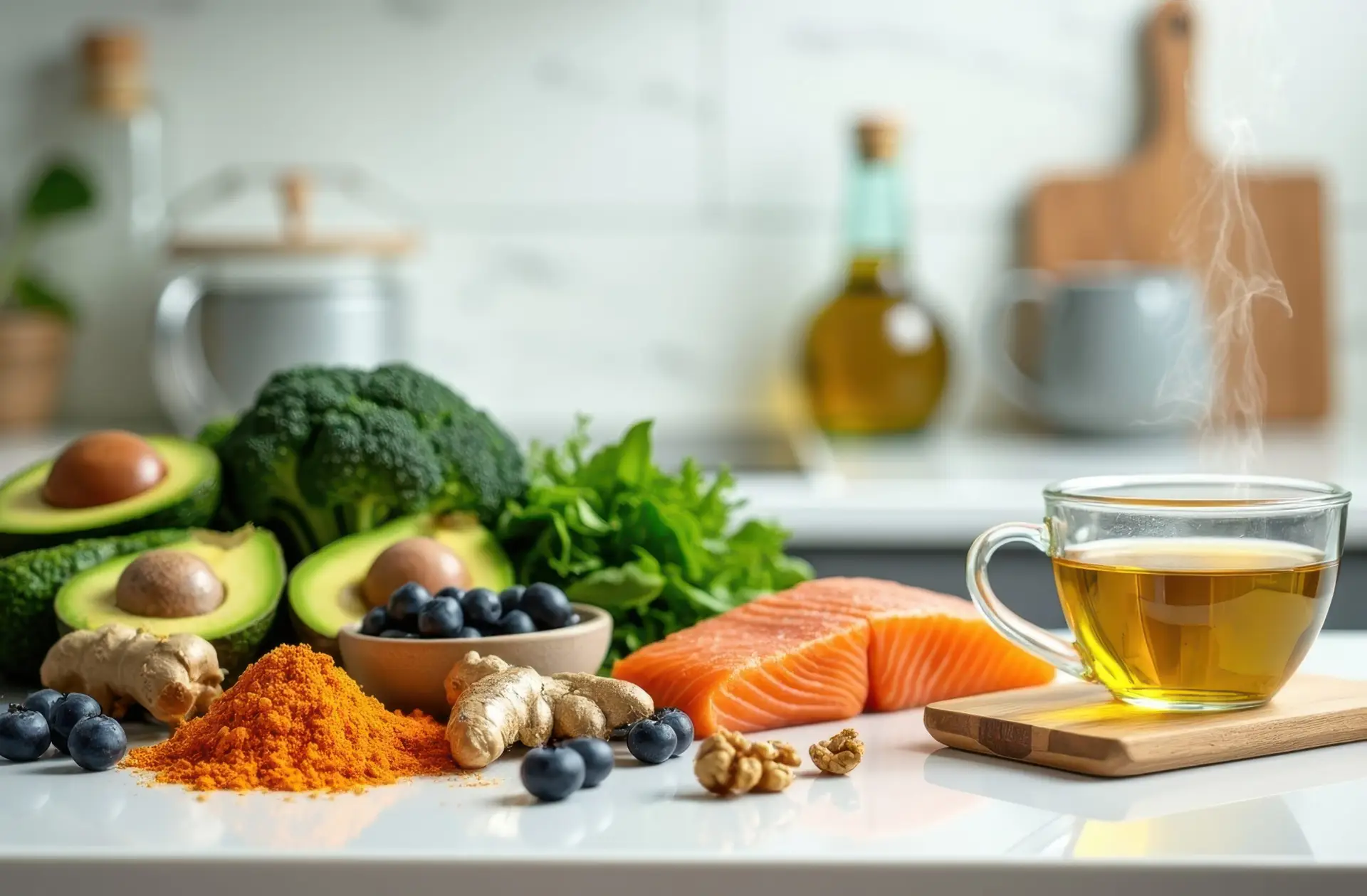 Anti-inflammatory foods like turmeric, green tea, salmon, berries, and leafy greens that help lower CRP levels and reduce inflammation.