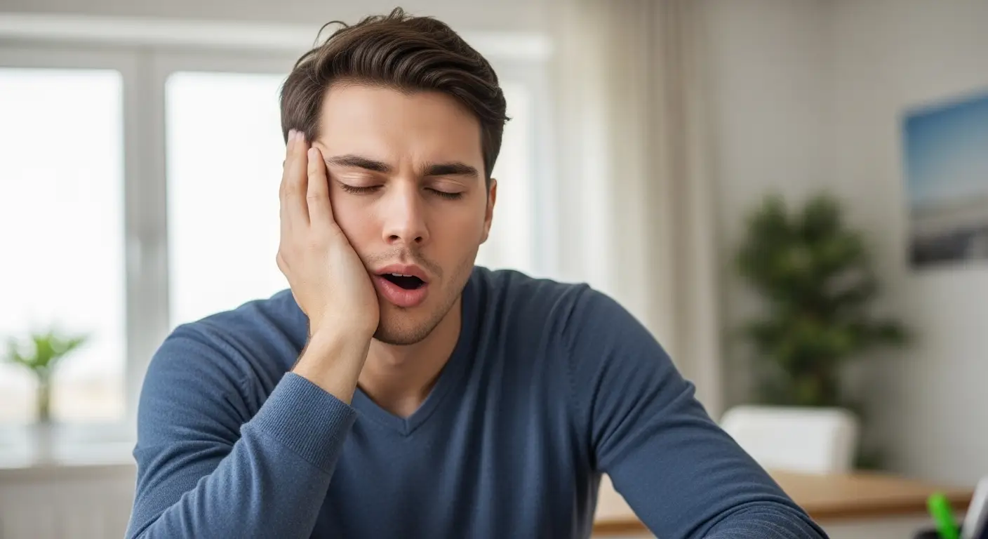 Young man looking fatigued with eyes closed and hand on face, showing signs of tiredness due to iron deficiency