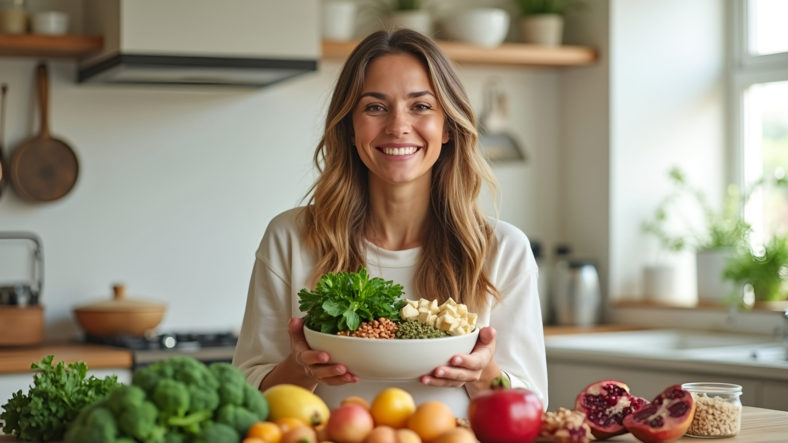 Woman holding iron-rich foods, surrounded by fruits and vegetables to prevent iron deficiency, tiredness, and fatigue