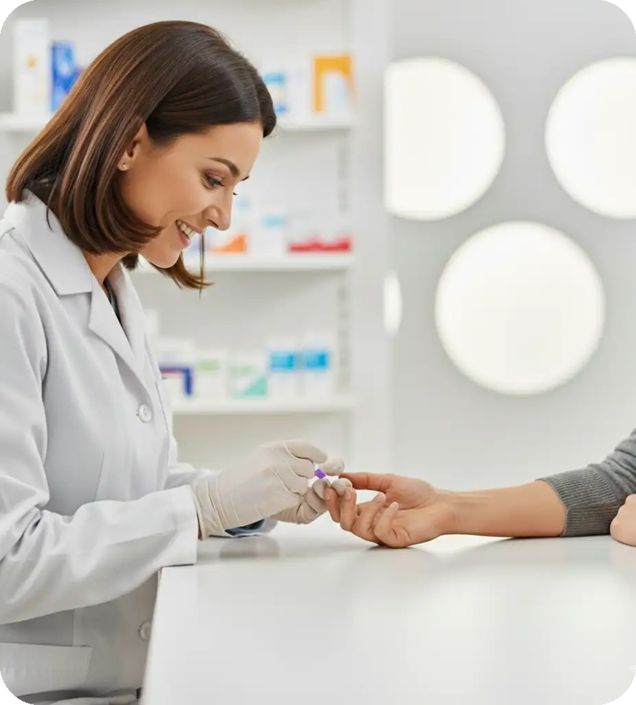 In der G24-Apotheke: Fachkraft führt Kapillarblutentnahme bei einer Person durch