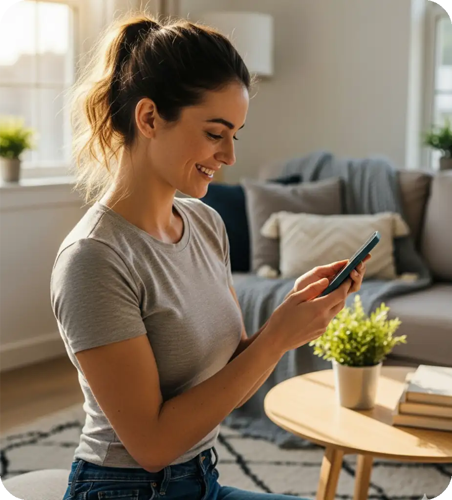 Frau überprüft ihre Bluttestergebnisse in der G24-App oder per E-Mail – leicht verständliche Berichte