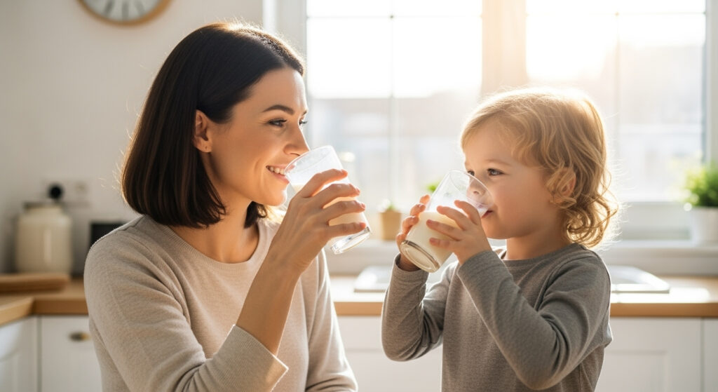 Mutter und Kind trinken Milch als natürliche Quelle für Vitamin D und Kalzium, um einem Mangel vorzubeugen.