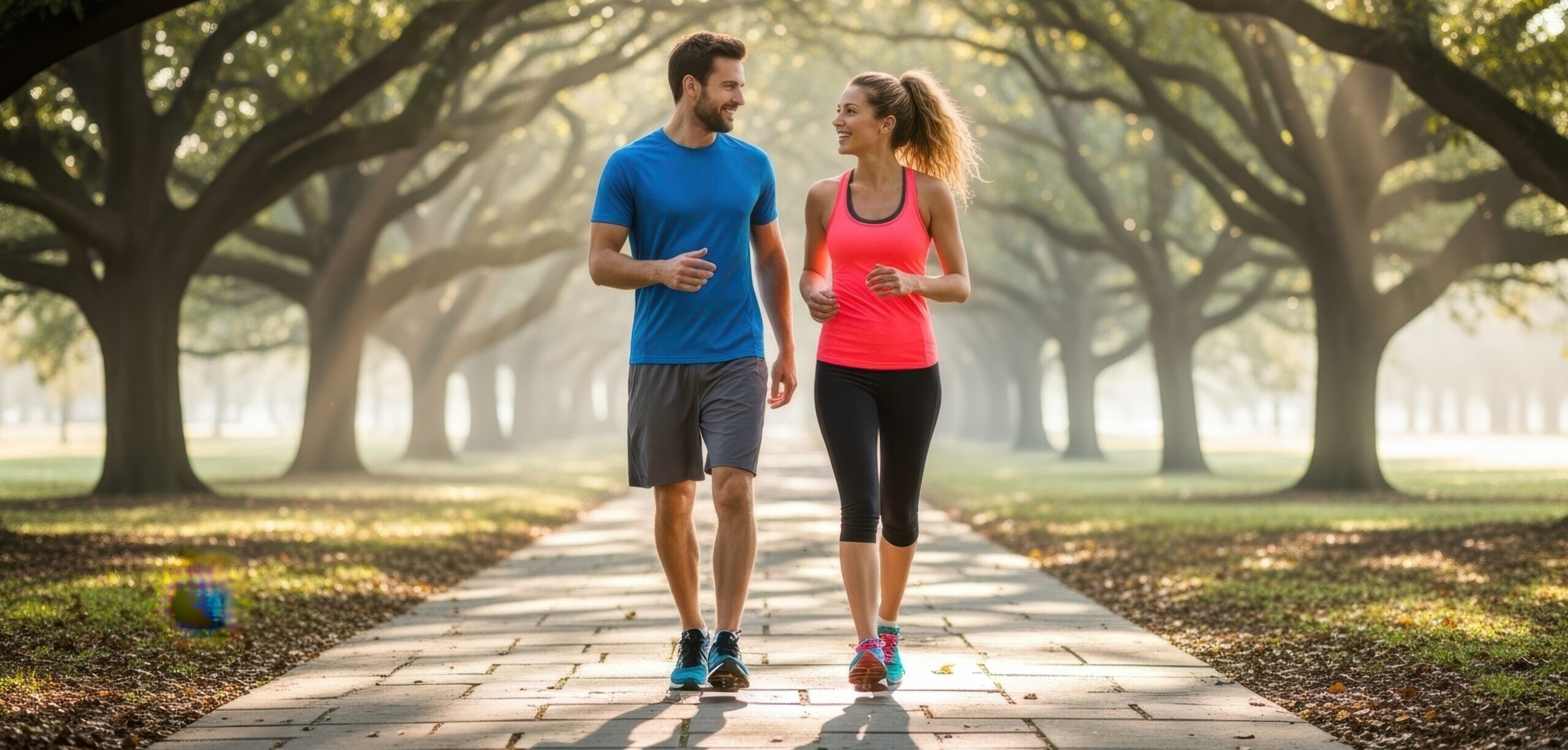 Couple jogging in park to stay active, lower cholesterol levels, and support healthy heart