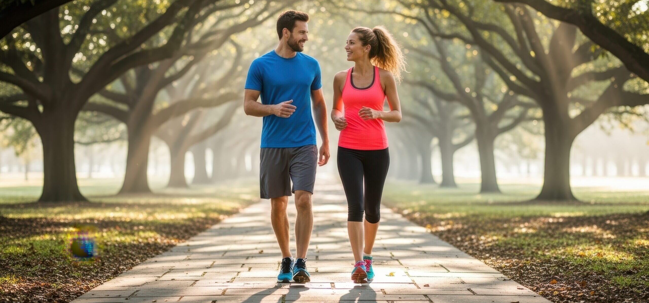 Paar joggt im Park, um aktiv zu bleiben, Cholesterinspiegel zu senken und die Herzgesundheit zu fördern.