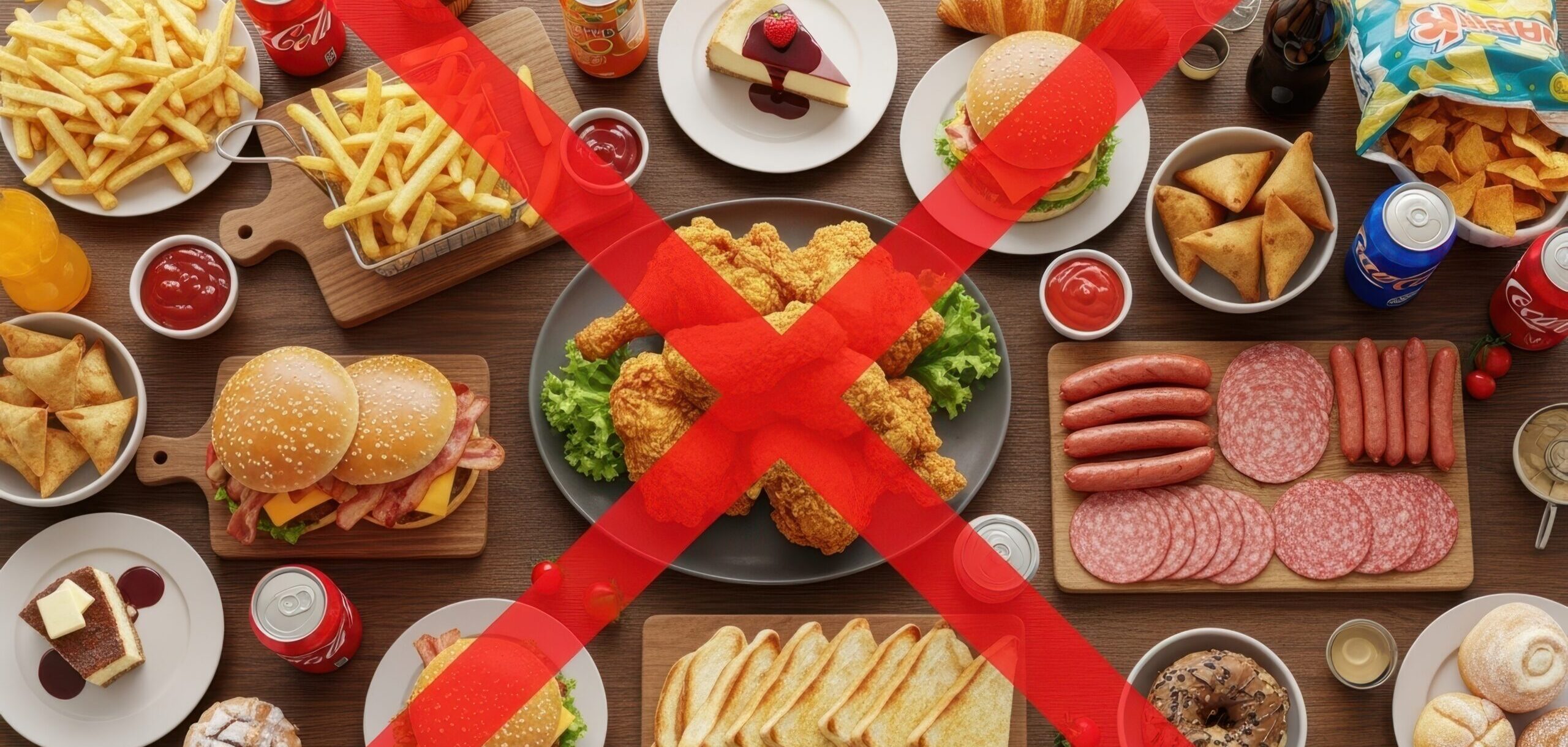 Red crossed unhealthy junk food high in cholesterol and saturated fats, bad for heart health and causing obesity.
