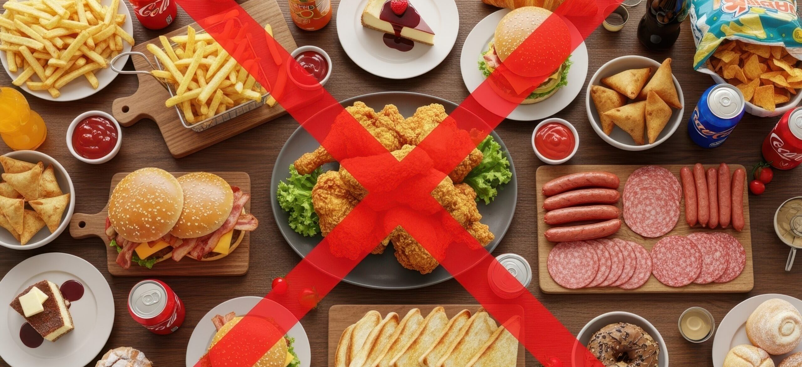 Rotes Kreuz über Junkfood mit hohem Cholesterin und gesättigten Fetten, schädlich für Herzgesundheit, verursacht Fettleibigkeit.
