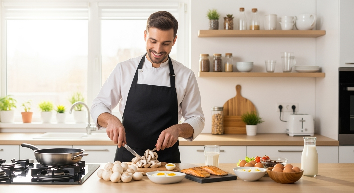 Mann bereitet vitamin-D-reiche Lebensmittel wie Lachs, Eier, Pilze und Milchprodukte in der Küche für eine gesunde Ernährung zu.