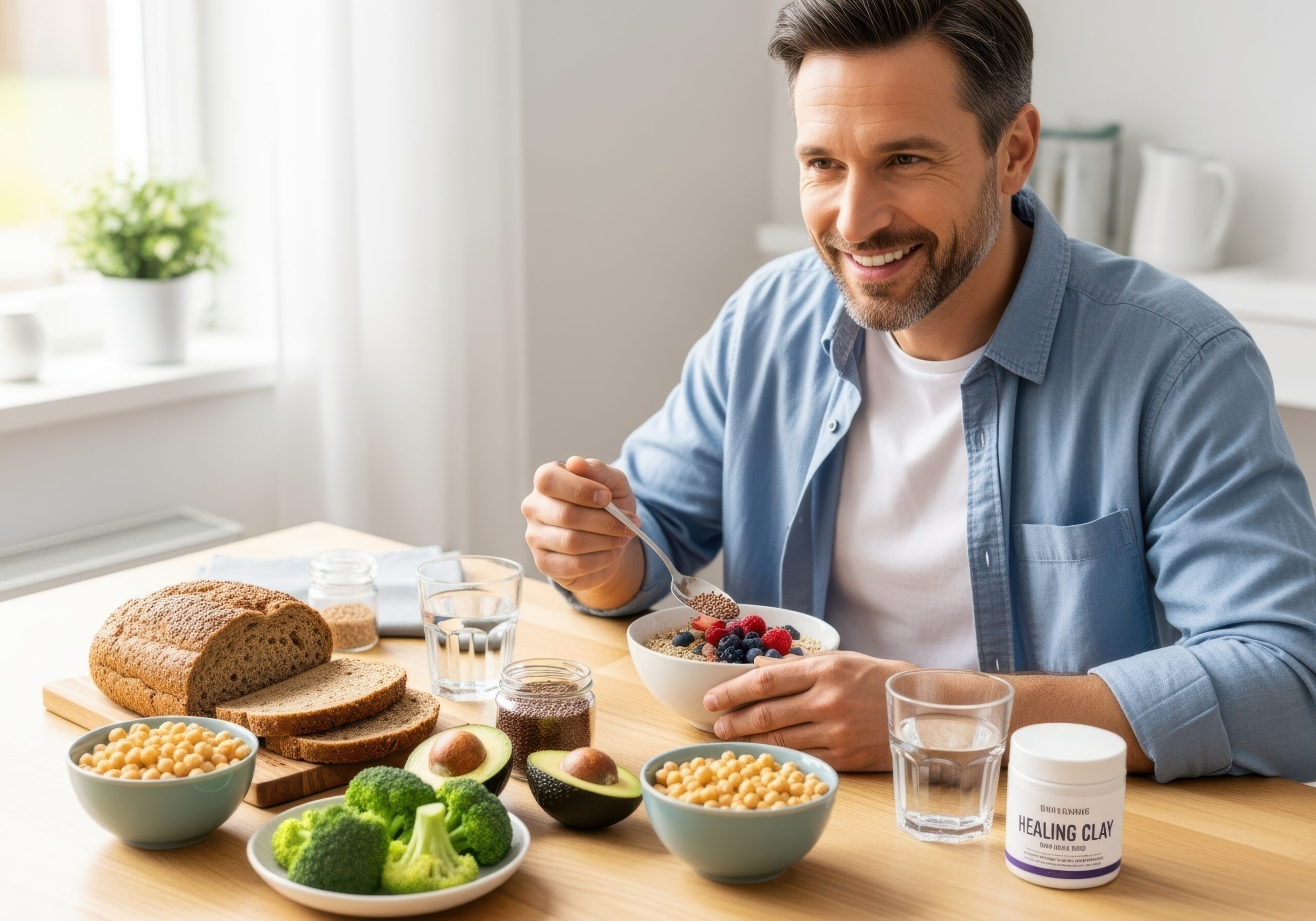 Man eating healthy food with whole grain bread, high-fiber foods like oats, fruits, vegetables, legumes, red rice, and healing clay to control cholesterol levels.