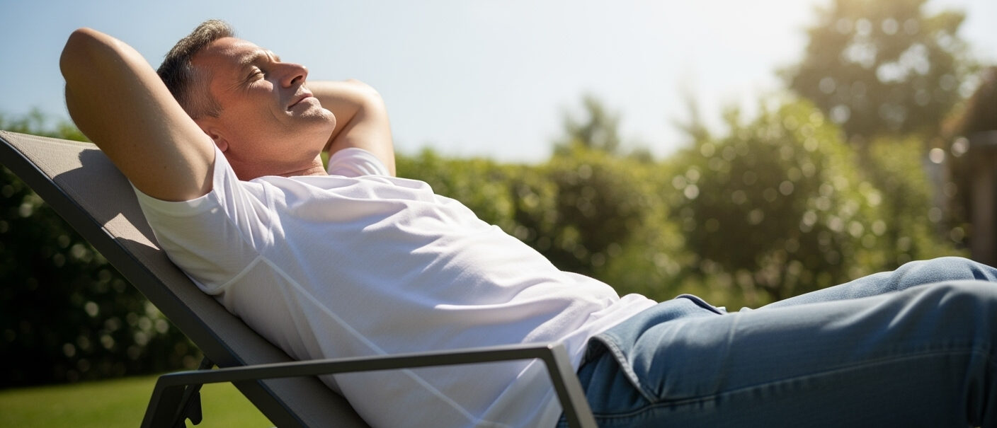 Man sitting on a chair and relaxing in the sun as sunlight is one of the best natural sources of vitamin D.