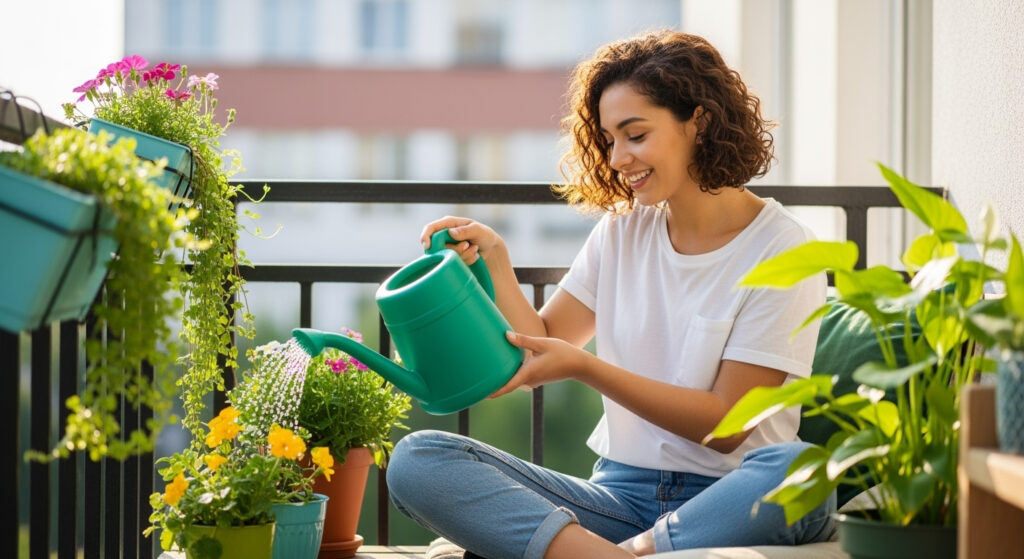 Smiling woman watering plants, enjoying a stress-free lifestyle that supports heart health and balanced NT-proBNP levels